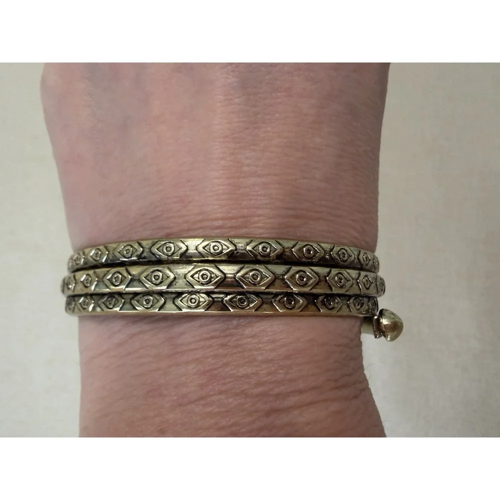 Vintage Brass Evil Eye Triple Band Cuff Bracelet Boho Tribal Adjustable Wide - Picture 8 of 10